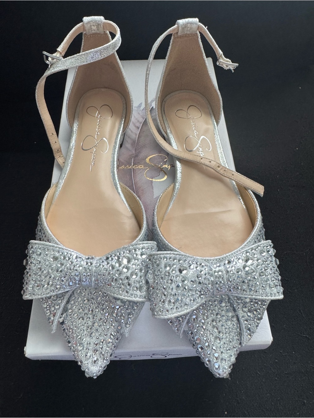 Jessica Simpson Silver Crystal Bow Pointed-Toe Ankle-Strap Flats